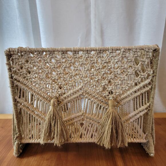 Vtg-Style Macrame Rattan Magazine Rack Bin with Tassels – Boho Storage – 25x7x12 - Picture 3 of 8